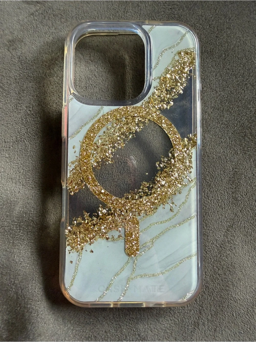 case-mate Clear Phone Case with Gold Glitter Marble Accents. 16Pro